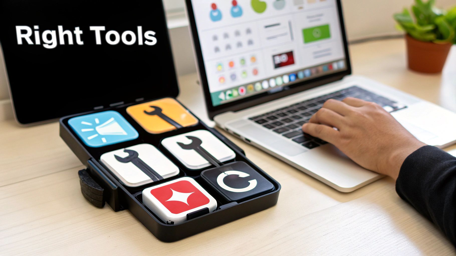 A person types on a laptop next to a tablet showing "Right Tools" and a modular toolkit.
