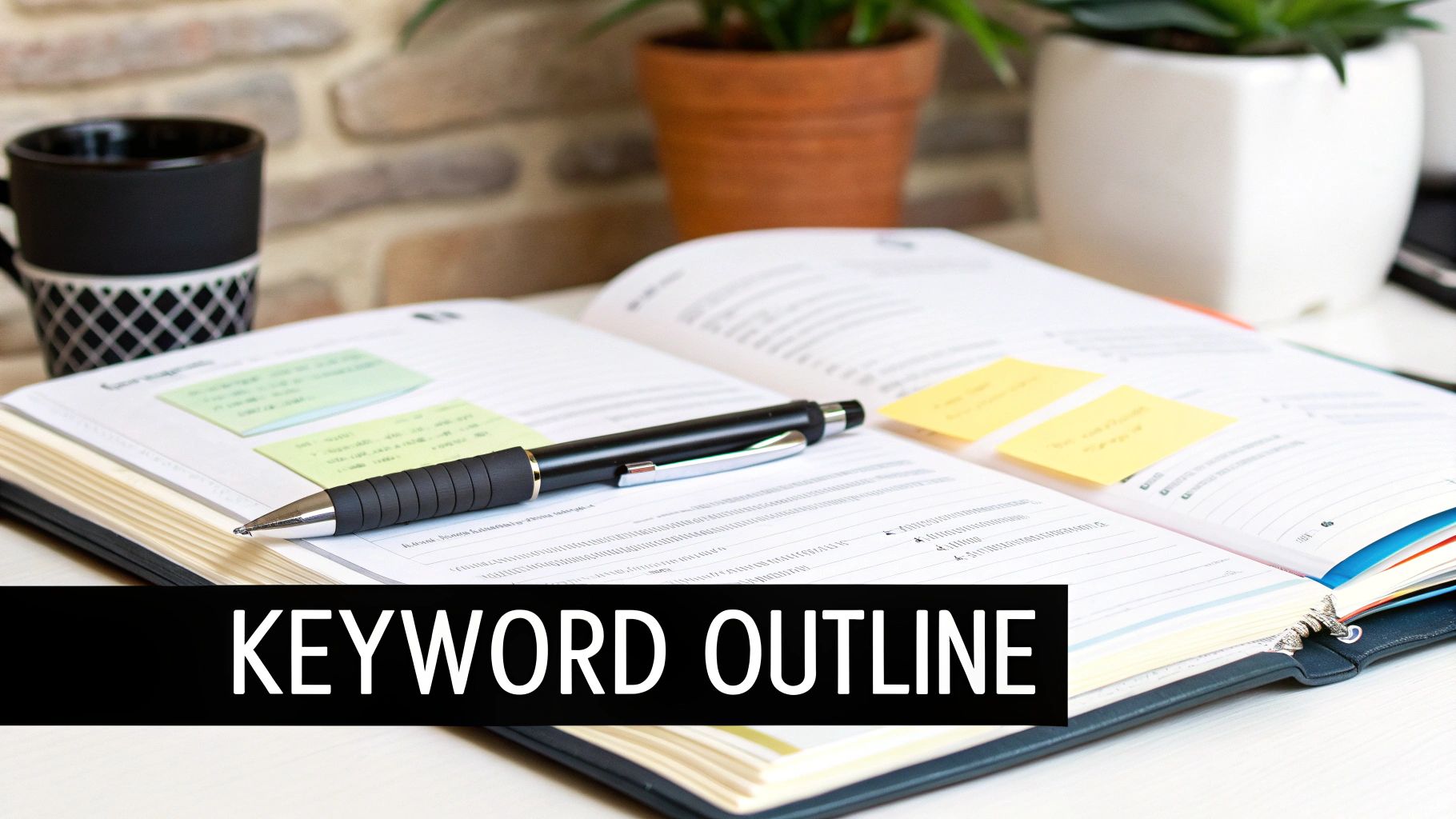 A pen rests on an open planner with sticky notes, next to a black mug and potted plants.
