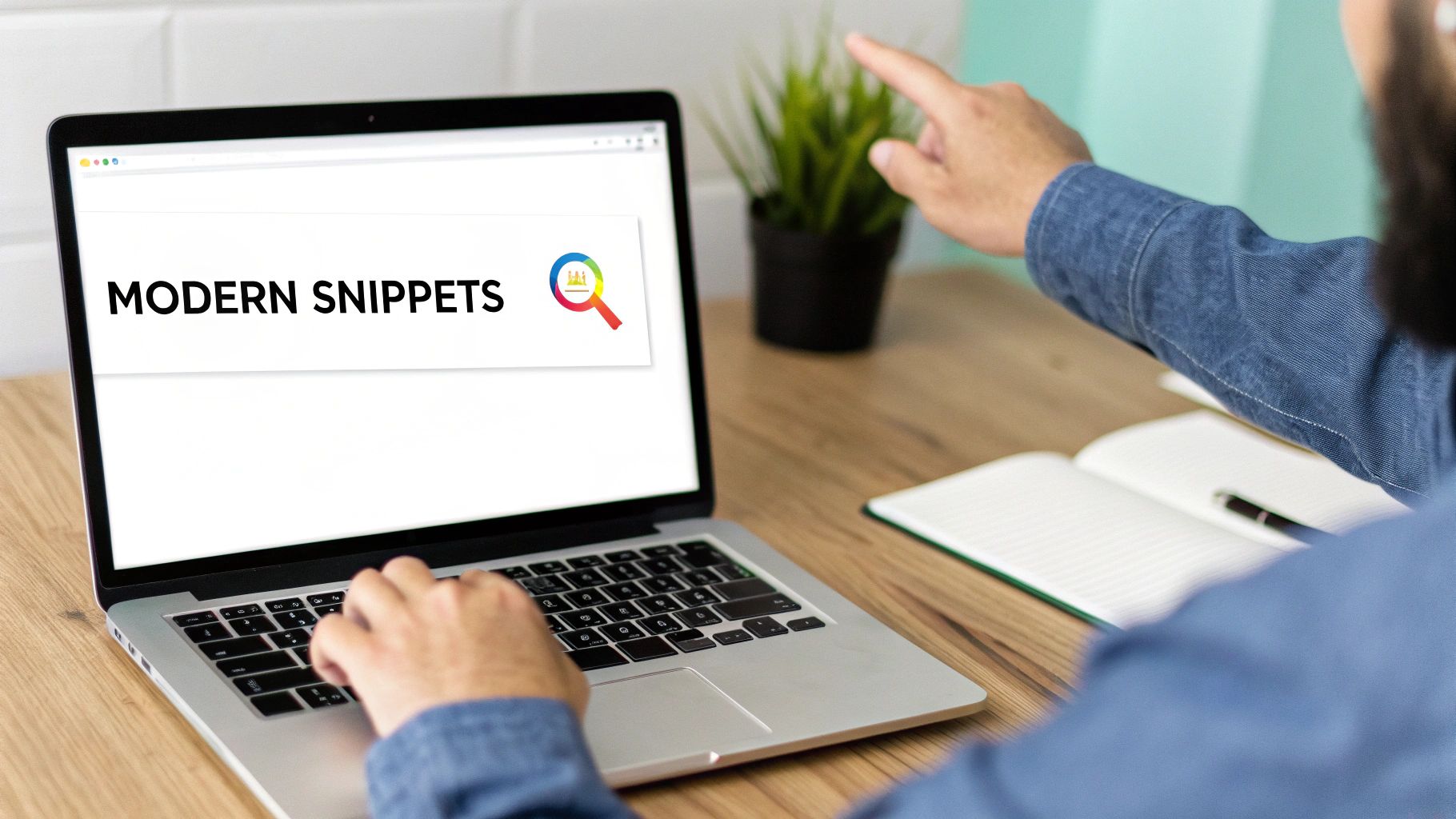 A person typing on a laptop screen displaying 'MODERN SNIPPETS' in a search bar, with another hand pointing.