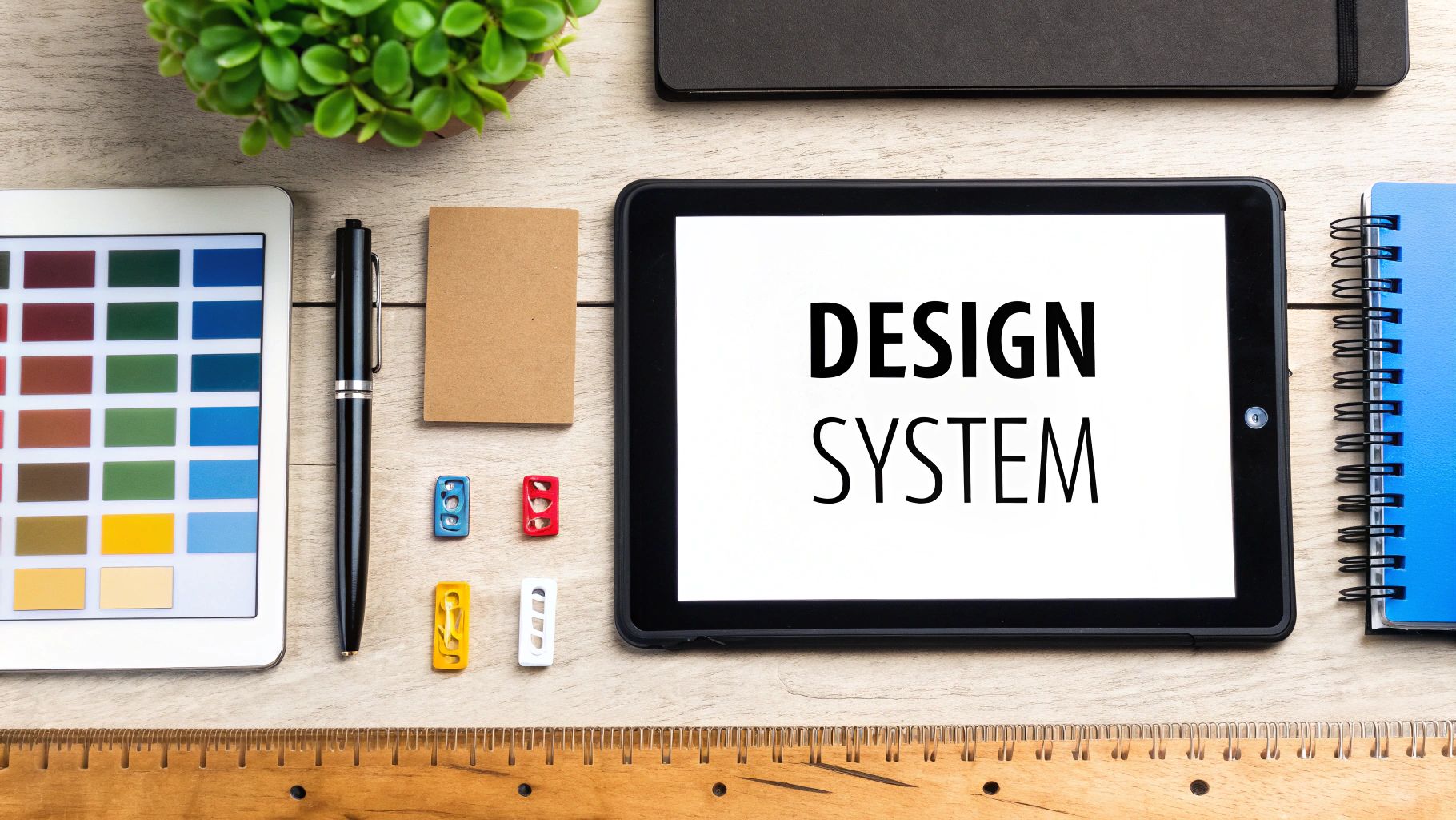 Flat lay of a design workspace with a tablet displaying 'DESIGN SYSTEM', color palette, and tools.