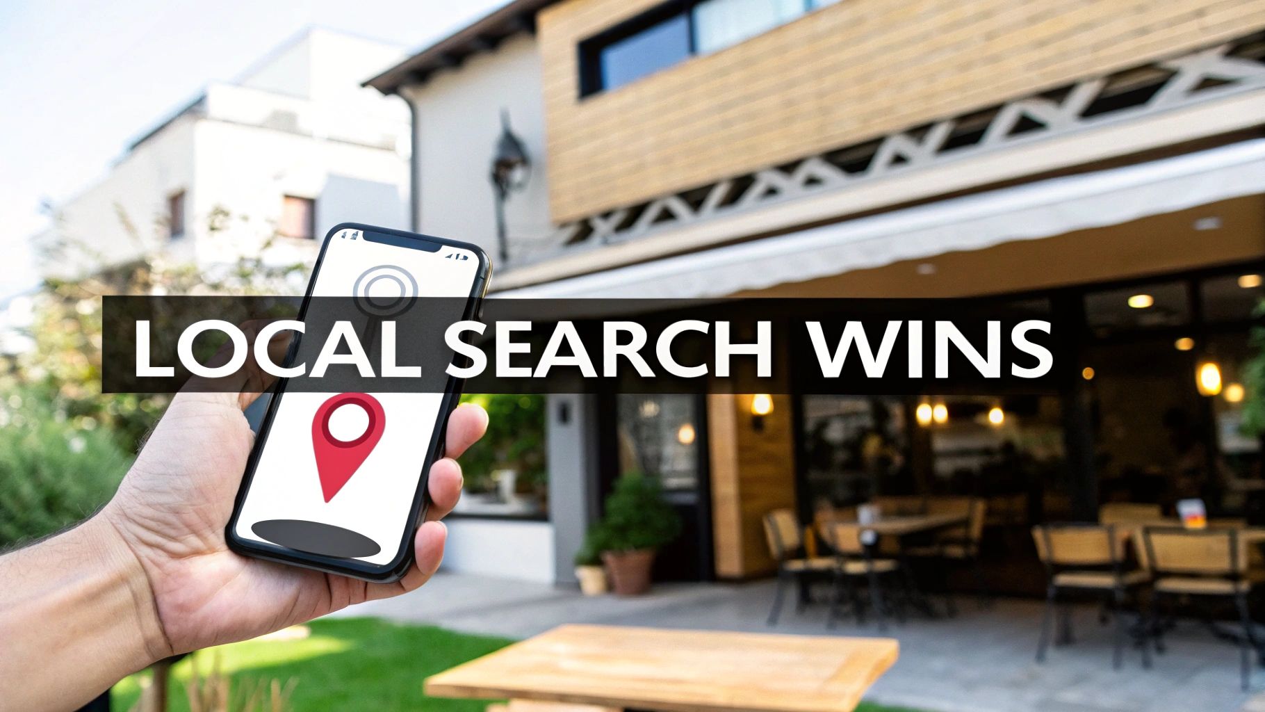 A hand holds a smartphone displaying a red location pin, with 'LOCAL SEARCH WINS' overlaying a cafe background.