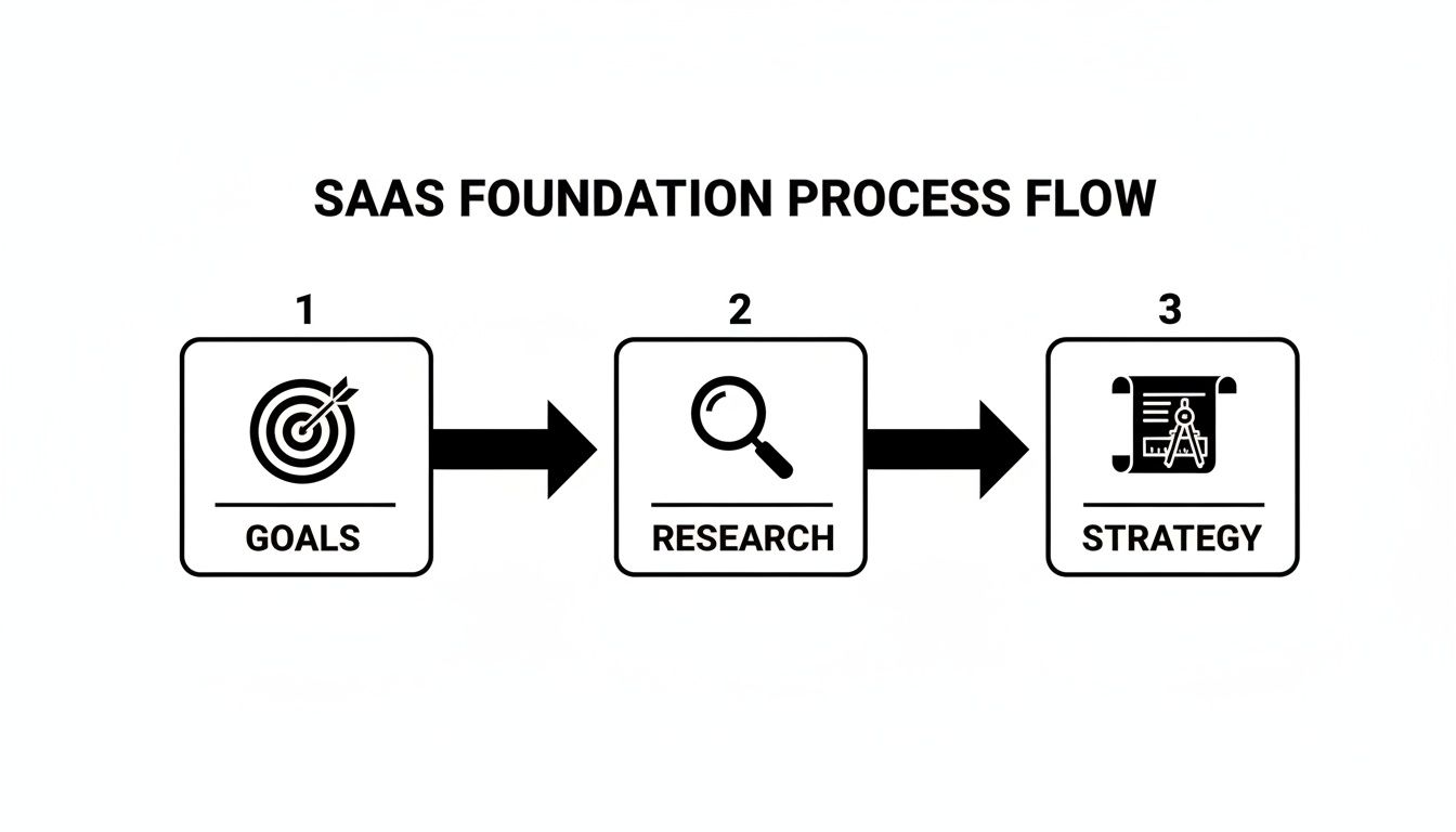 SaaS foundation process flow diagram showing steps: Goals, Research, and Strategy.