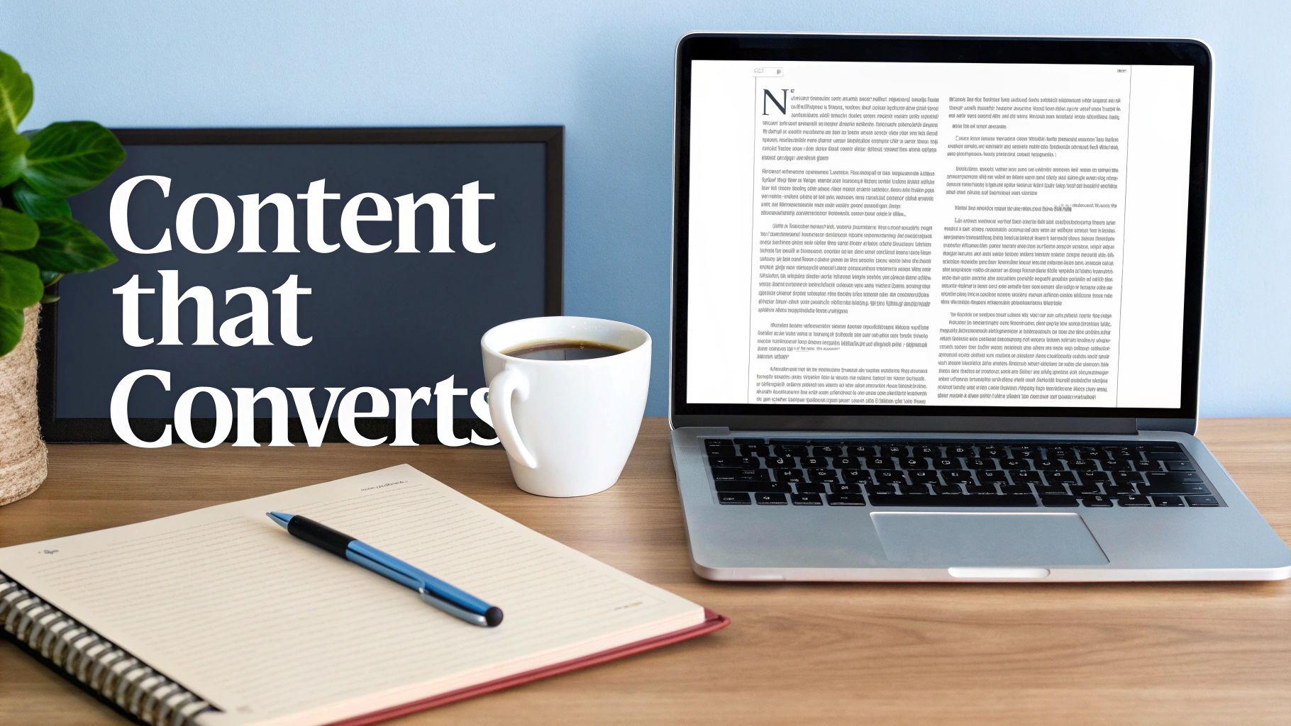 A clean desk setup with a laptop displaying an article, a coffee mug, and a board reading 'Content that Converts'.