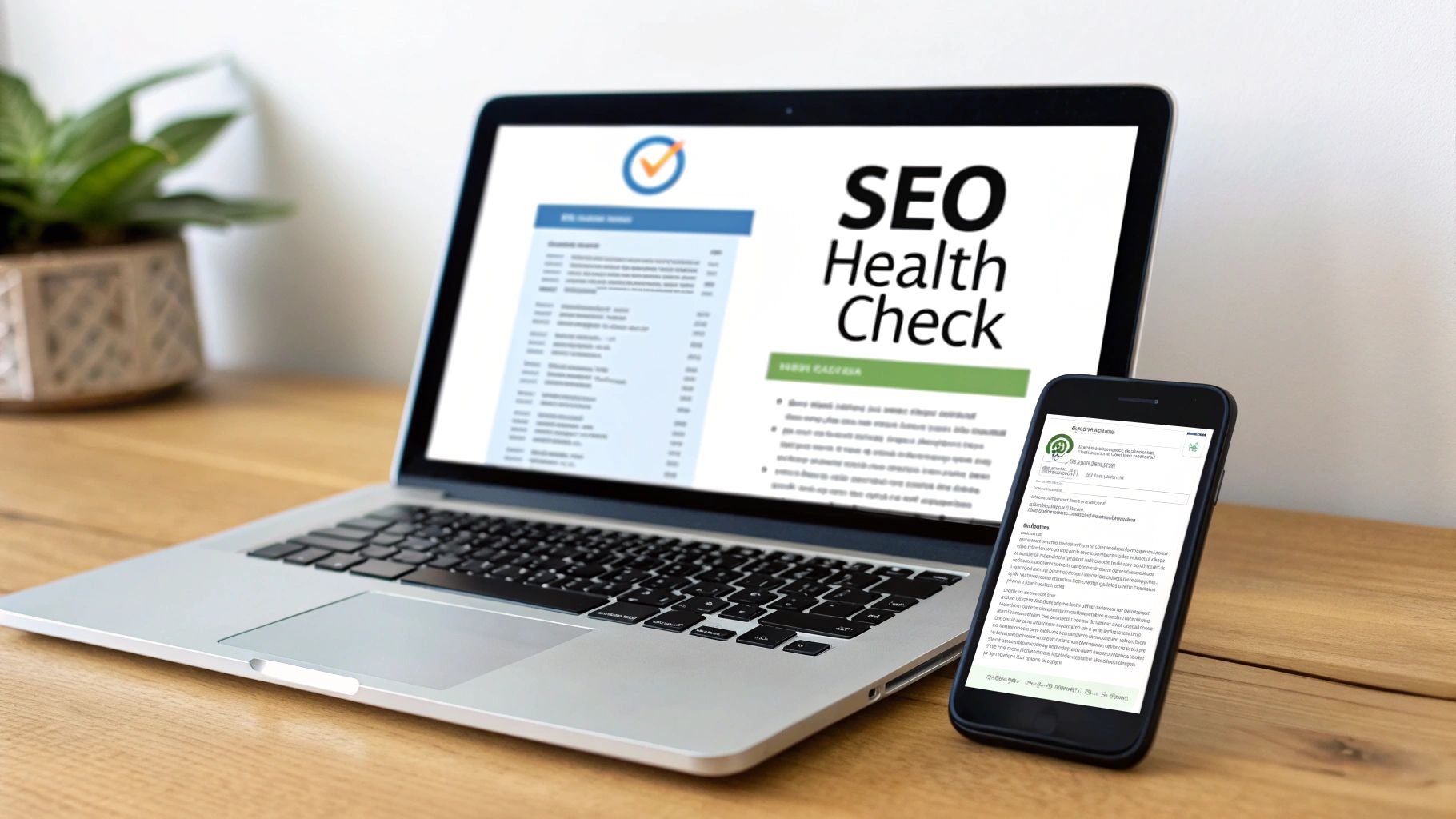 A laptop and a smartphone displaying an SEO health check report on a wooden desk.