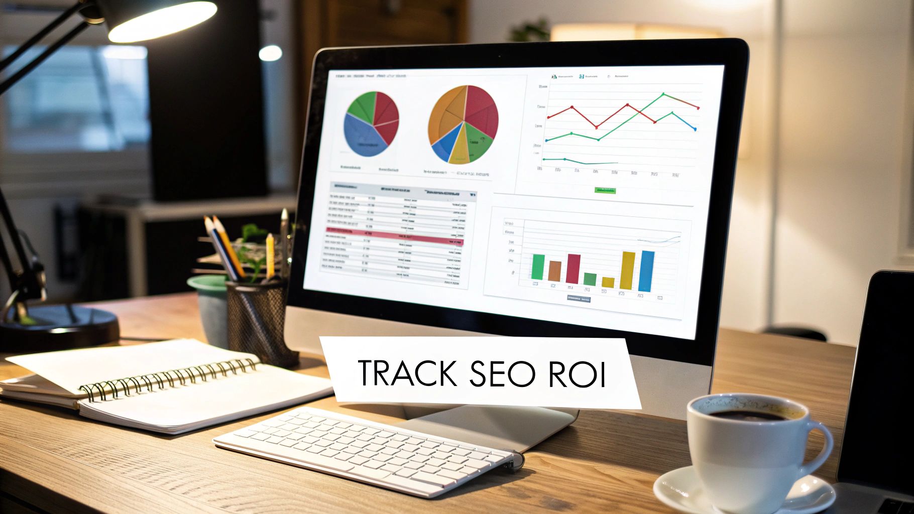 A workspace with a computer screen displaying various SEO performance graphs and charts, with 'TRACK SEO ROI' banner.