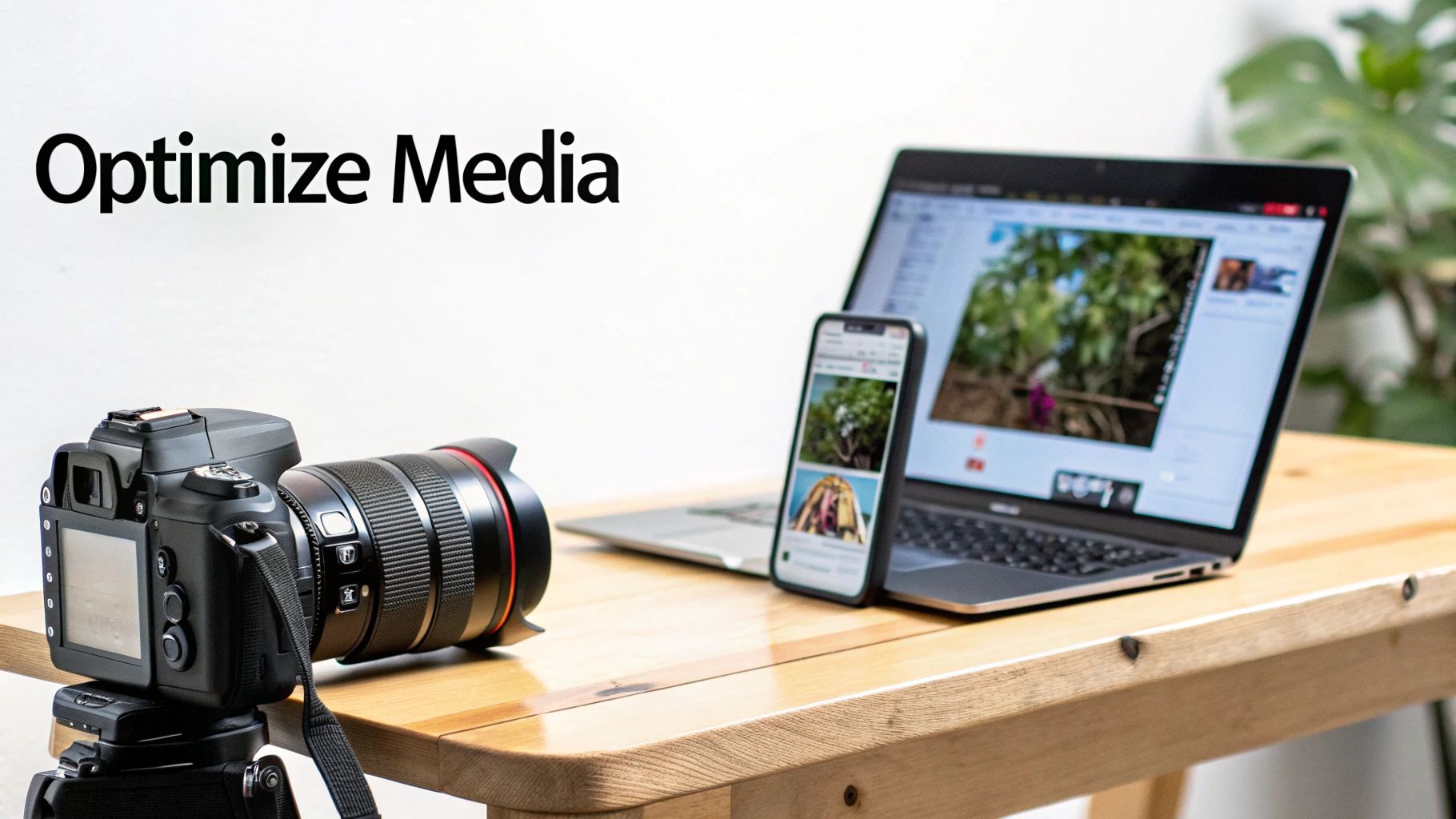 DSLR camera, laptop, and smartphone on a wooden desk, displaying images for media optimization.