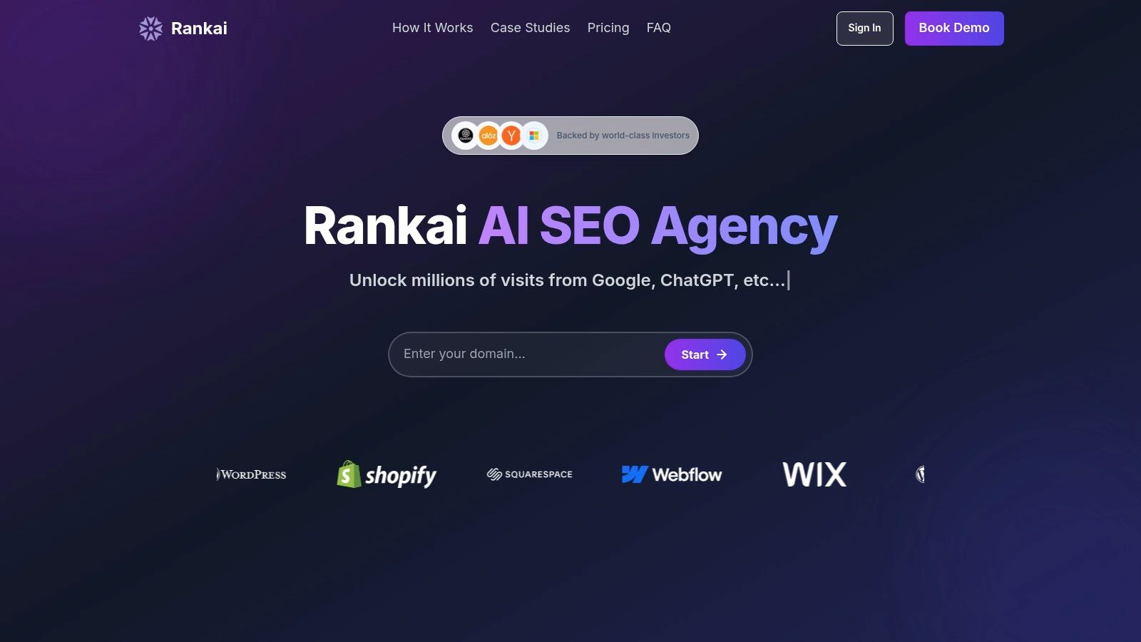 Rankai's AI-powered SEO dashboard showing traffic and keyword growth