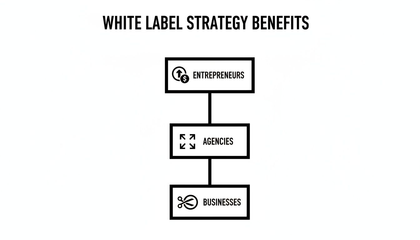 A flowchart titled 'White Label Strategy Benefits' showing connections between entrepreneurs, agencies, and businesses.