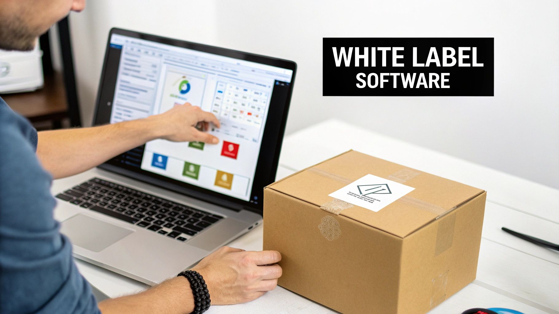 Person using white label software on a laptop, preparing a package for shipping.