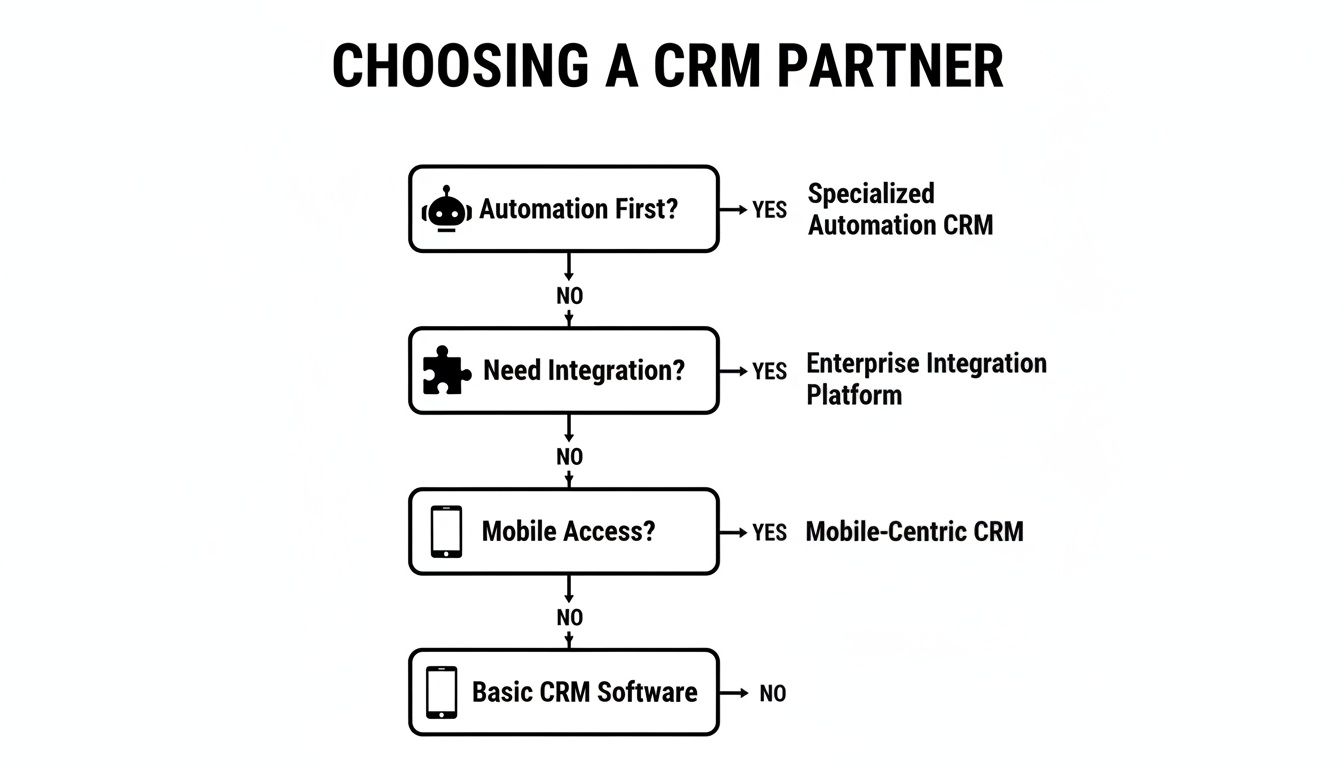 Flowchart illustrating the decision process for choosing a CRM partner based on key business needs.