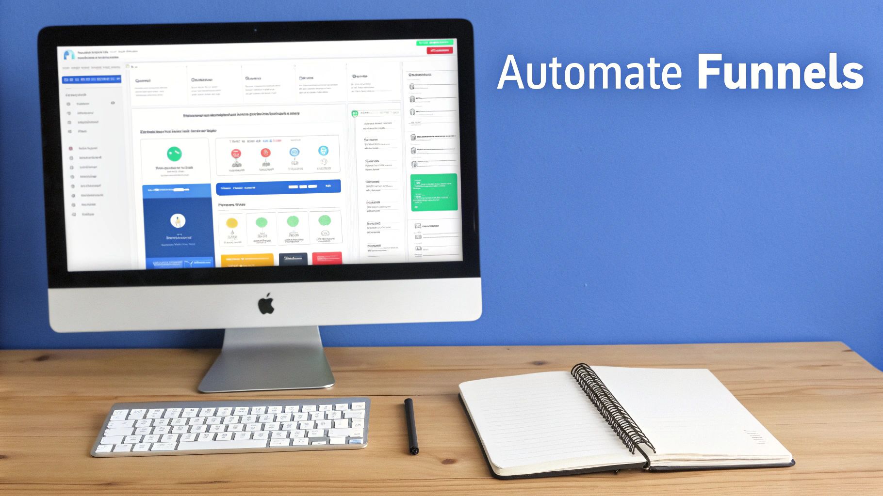 An iMac on a wooden desk displaying a marketing automation dashboard, with 'Automate Funnels' text on a blue wall.