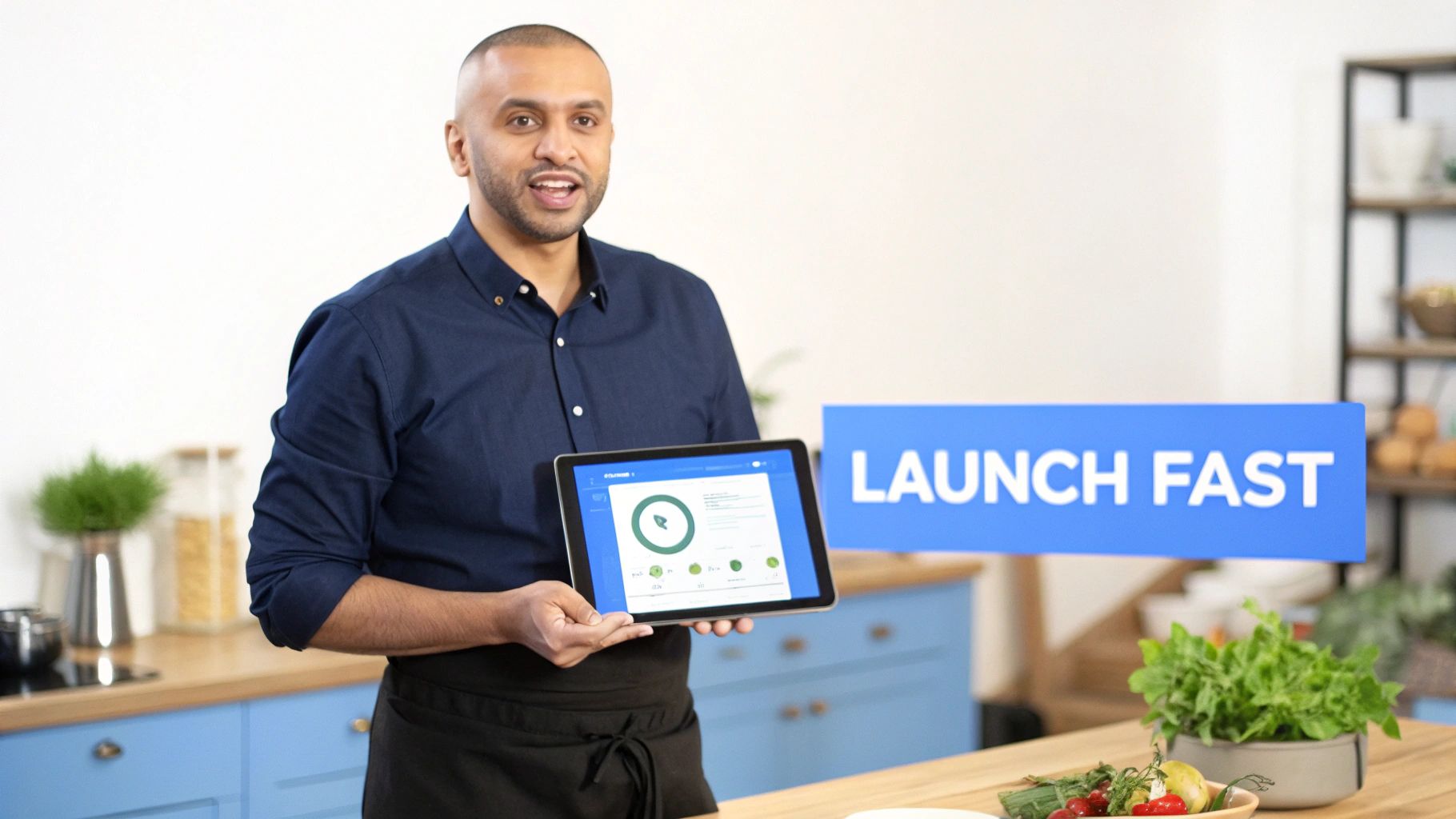 A man holding a tablet showing a marketing automation dashboard in a modern kitchen with a 'LAUNCH FAST' sign.