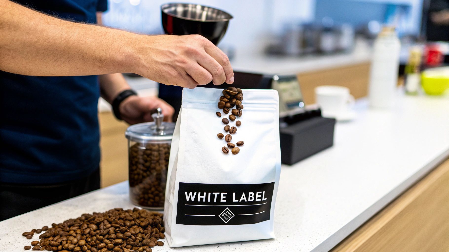 A person pours roasted coffee beans from a scoop into a white 'WHITE LABEL' bag on a counter.