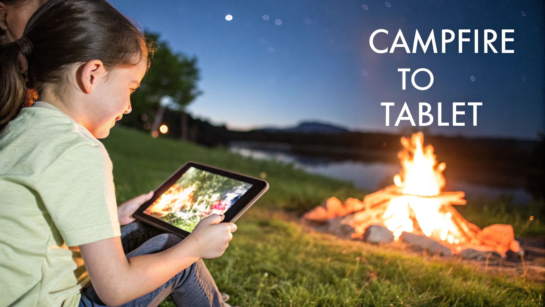 A split image showing ancient people around a campfire on one side, and a modern child with a tablet on the other.