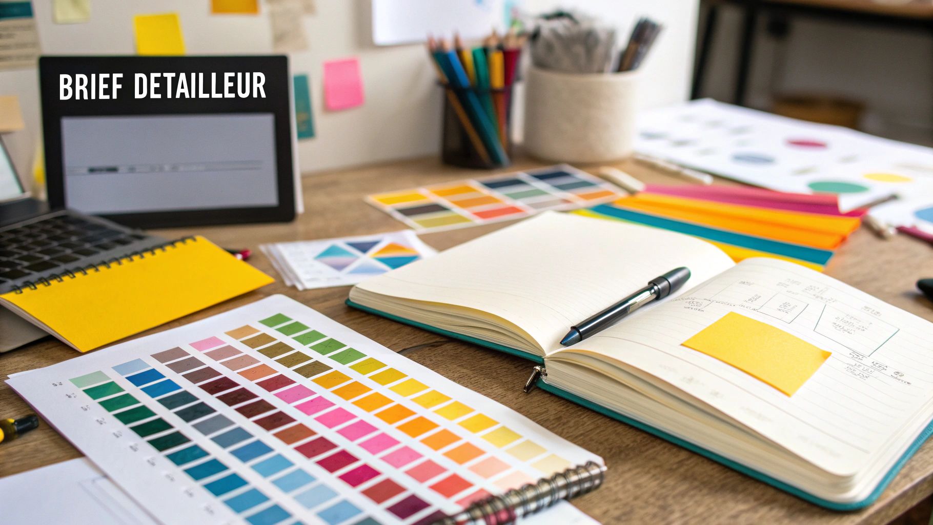 A person brainstorming logo ideas in a creative workspace