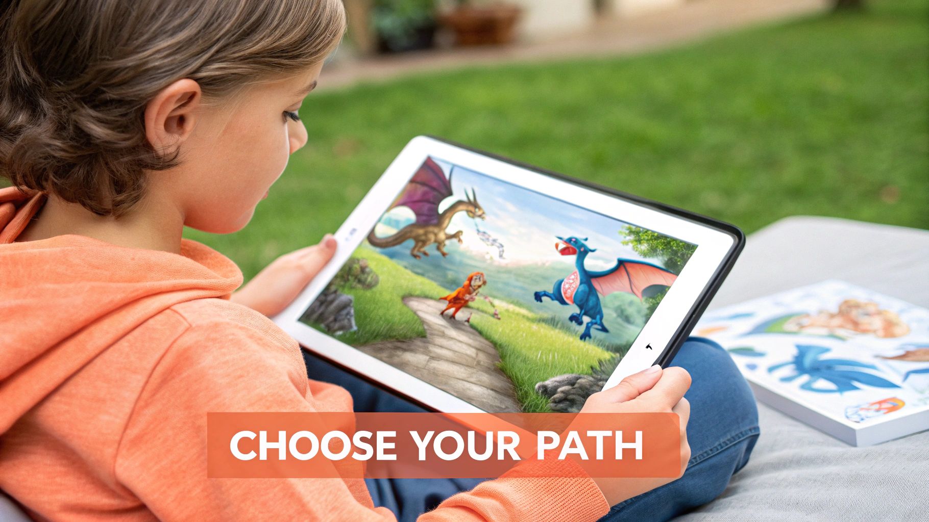 A child's hand touching a tablet screen, showing an animated forest scene with a friendly creature.