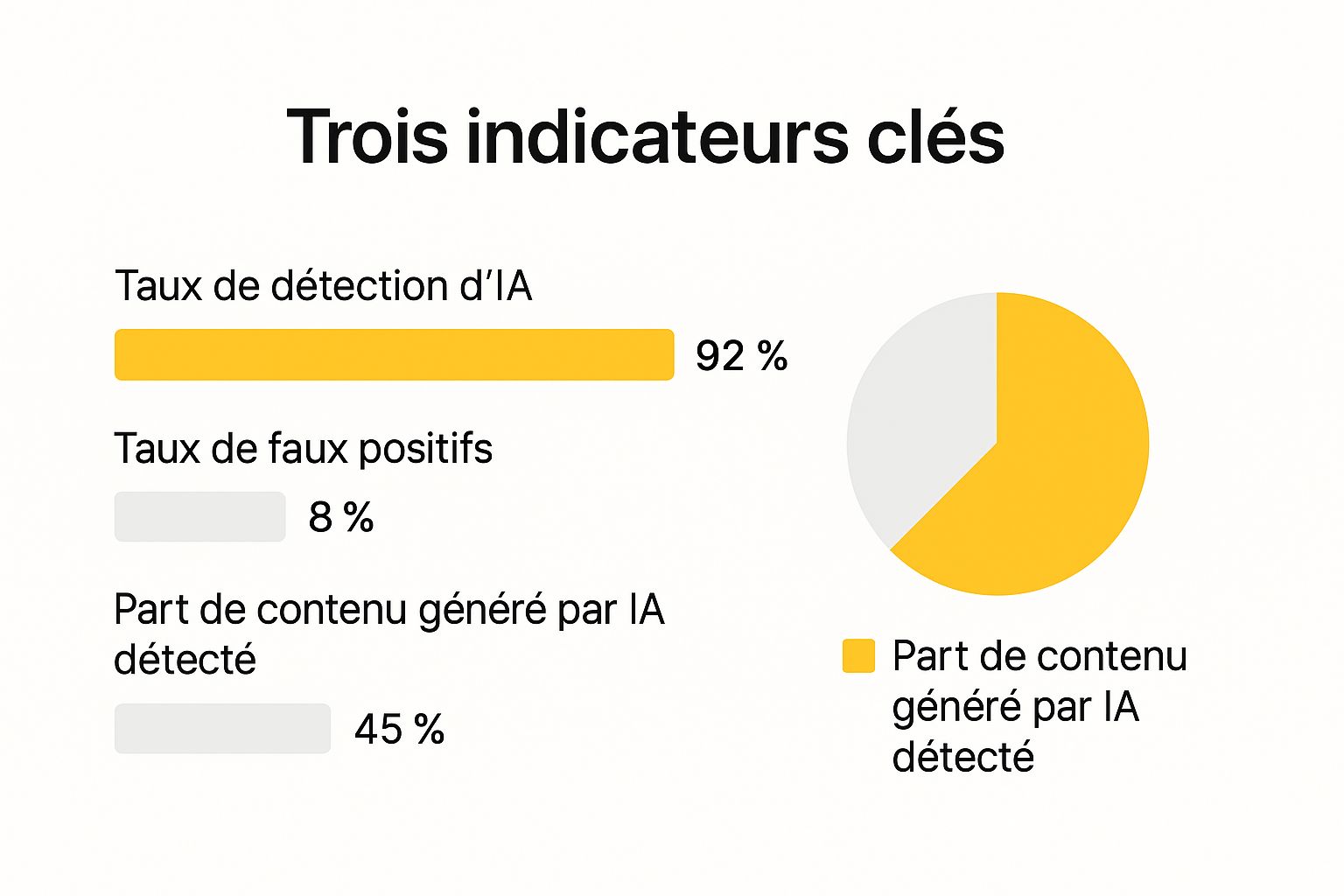 Infographie montrant les performances moyennes des détecteurs d'IA avec des barres pour le taux de détection, les faux positifs et la part de contenu détecté.