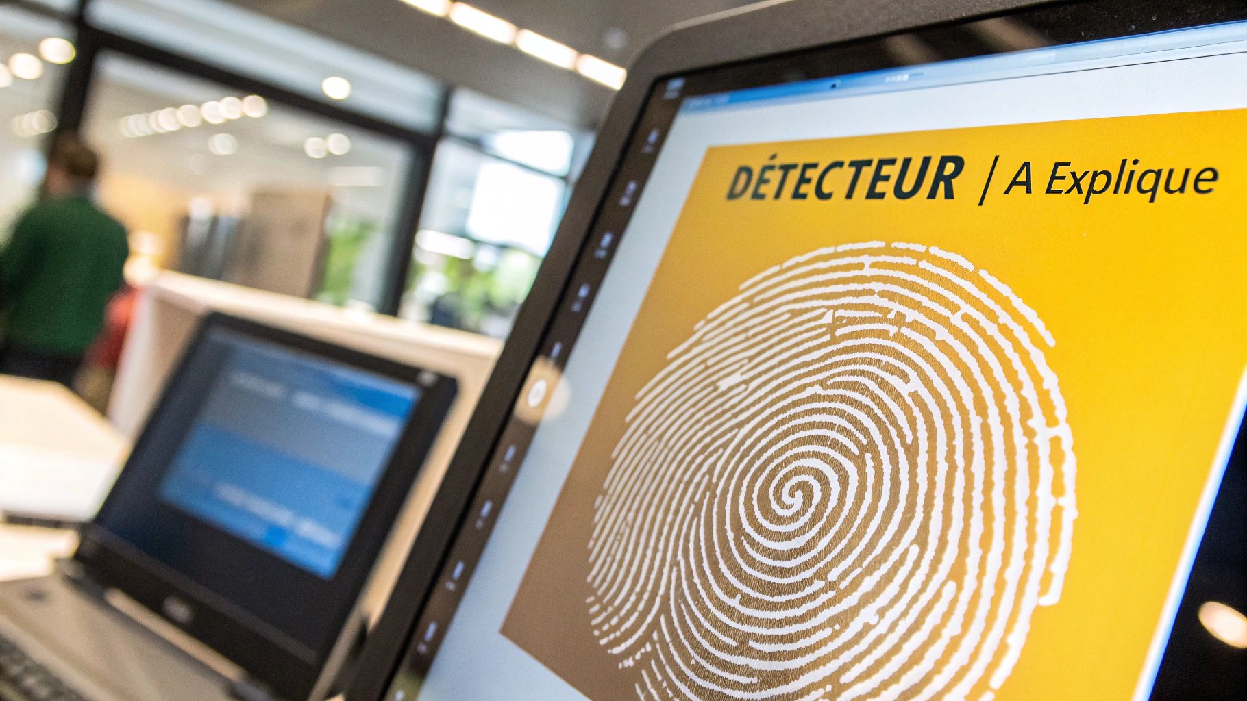 Une loupe inspectant des lignes de code binaire, symbolisant l'analyse détaillée d'un détecteur IA