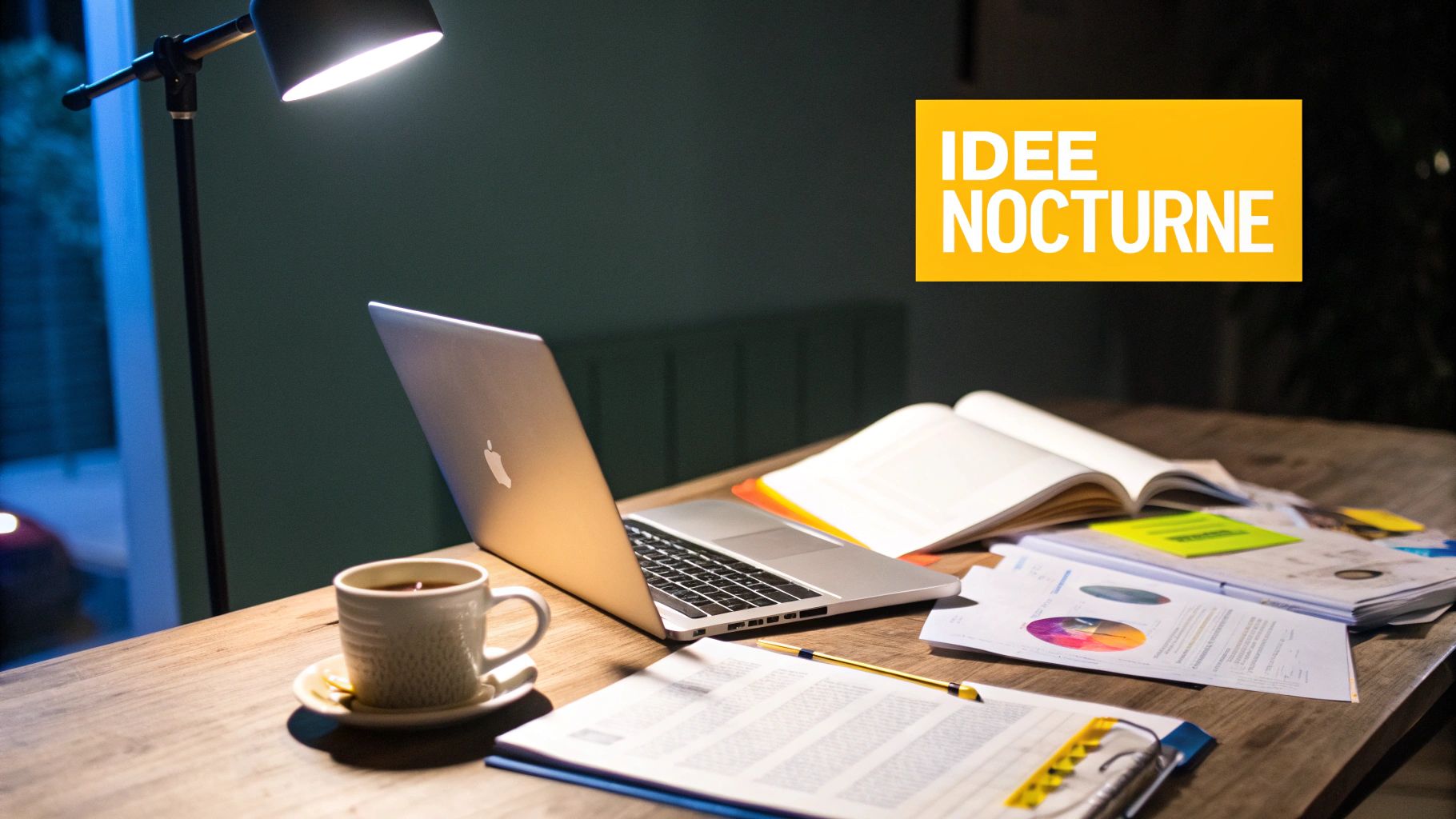 Une personne travaillant tard dans la nuit, illuminée par son écran d'ordinateur, avec des ampoules d'idées flottant autour.