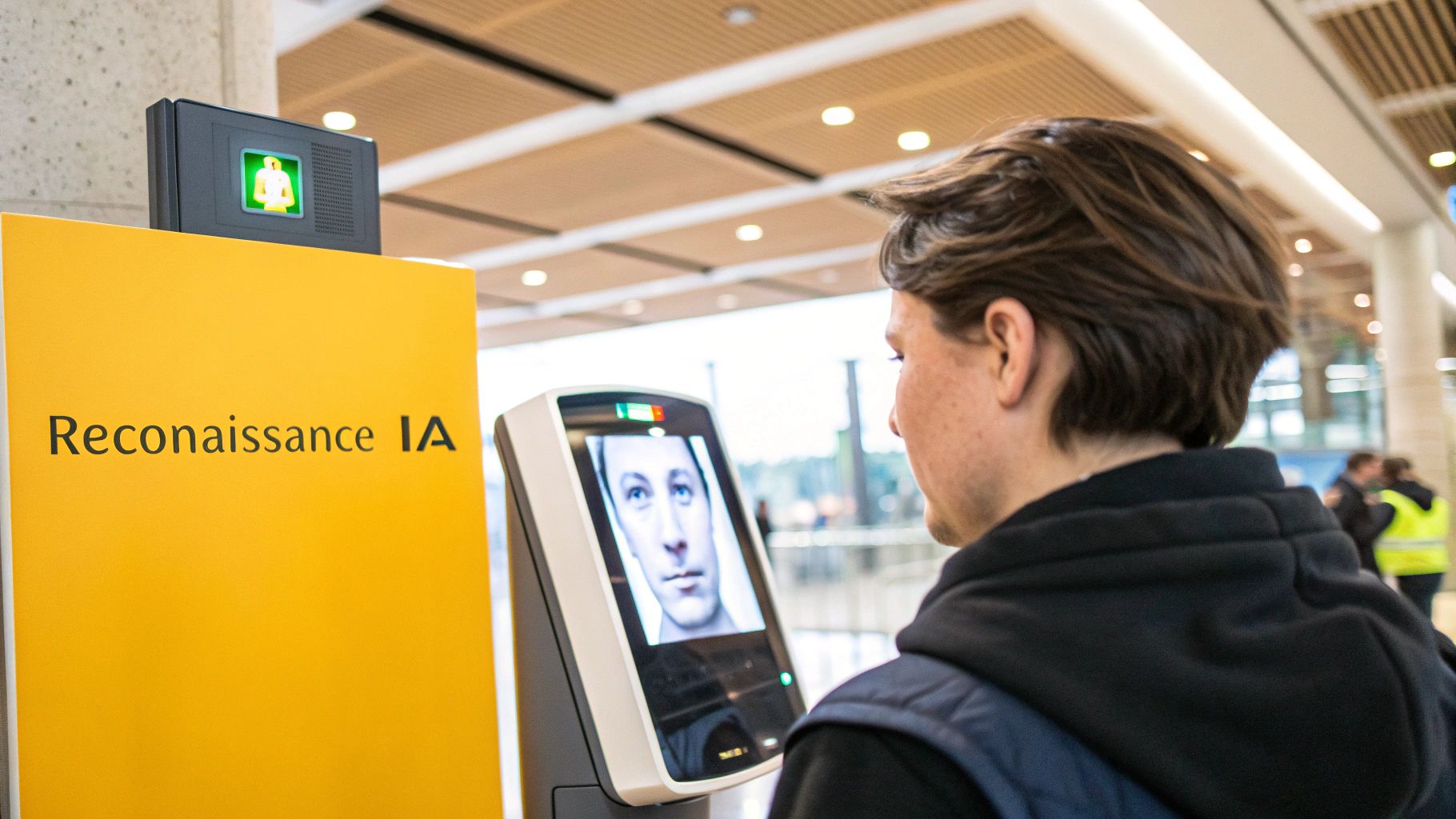 IA Reconnaissance Faciale : Le Guide pour Transformer Votre Business (Sans Faire Peur à Vos Clients) 1 Une illustration stylisée montrant des lignes biométriques sur un visage, symbolisant la reconnaissance faciale par IA.