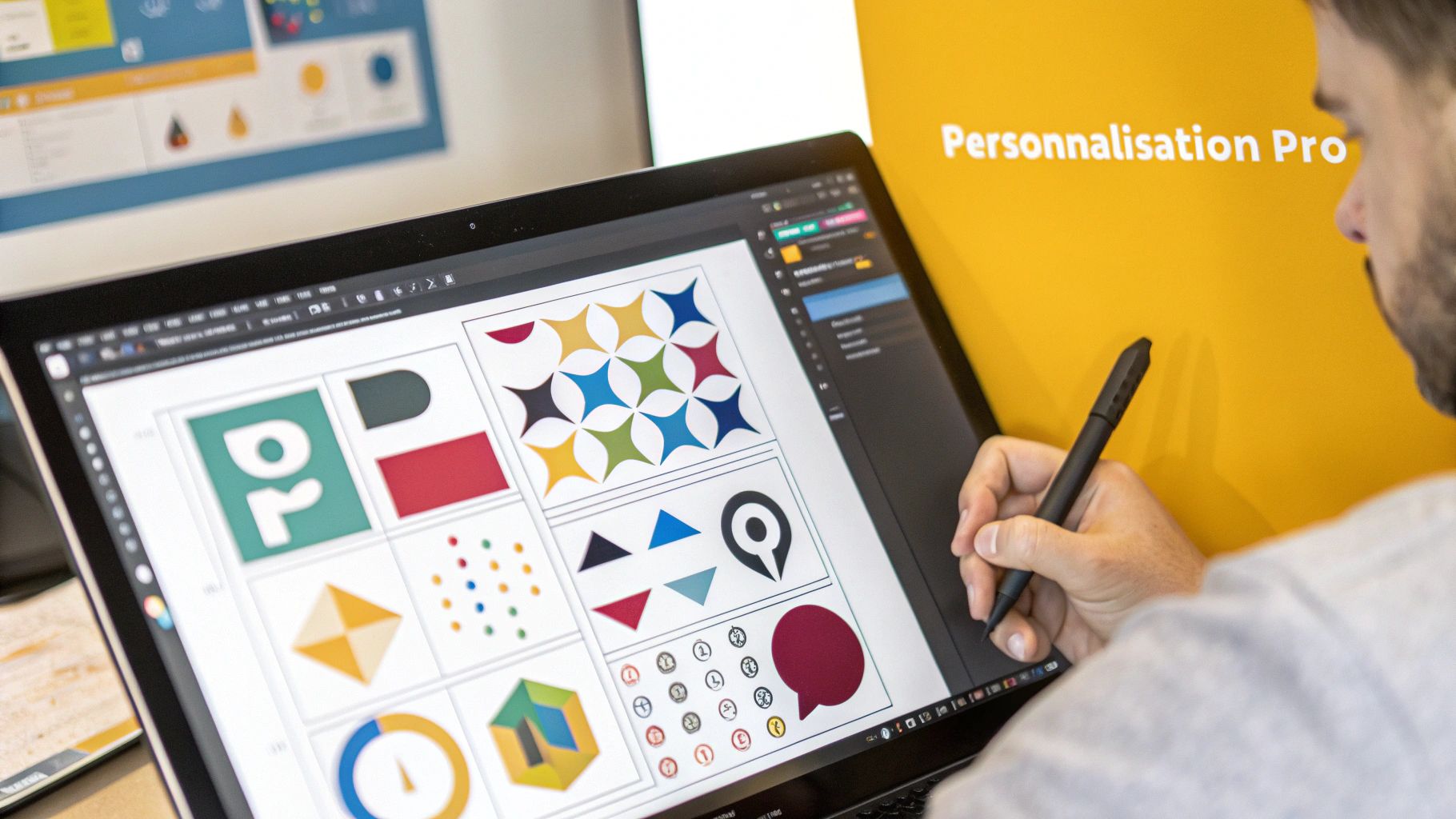 Une personne ajustant un logo sur un écran d'ordinateur