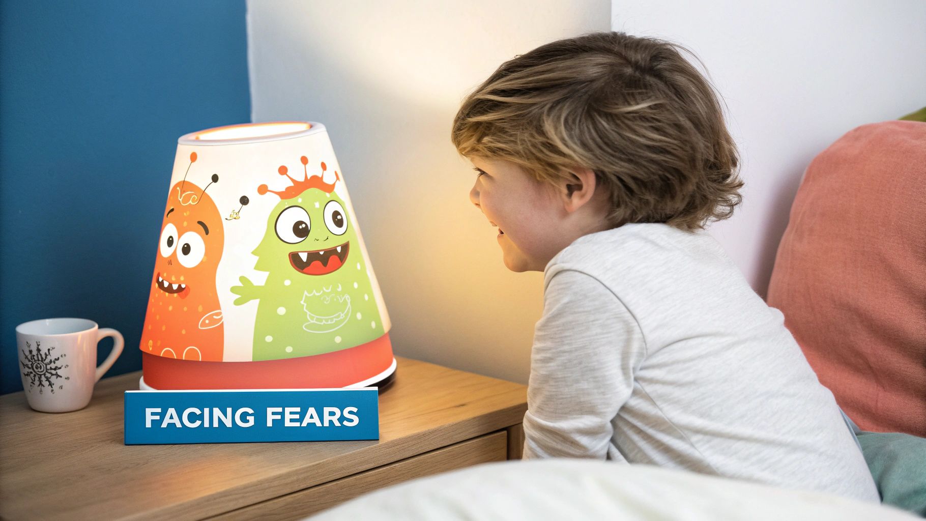 A soft, warm image of a child sleeping peacefully, with a subtle glow coming from a storybook on their nightstand.