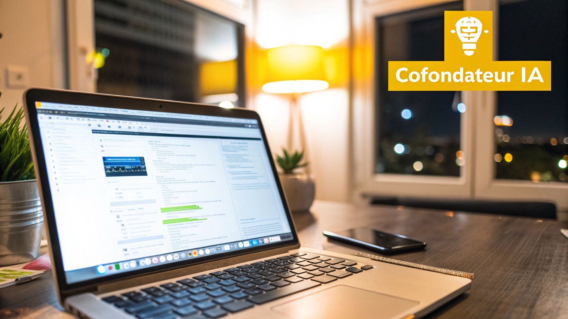 Formation IA en ligne : Votre futur business est à un clic de commencer 1 Une personne travaillant sur un ordinateur portable avec des graphiques d'IA l'entourant, symbolisant un partenariat créatif