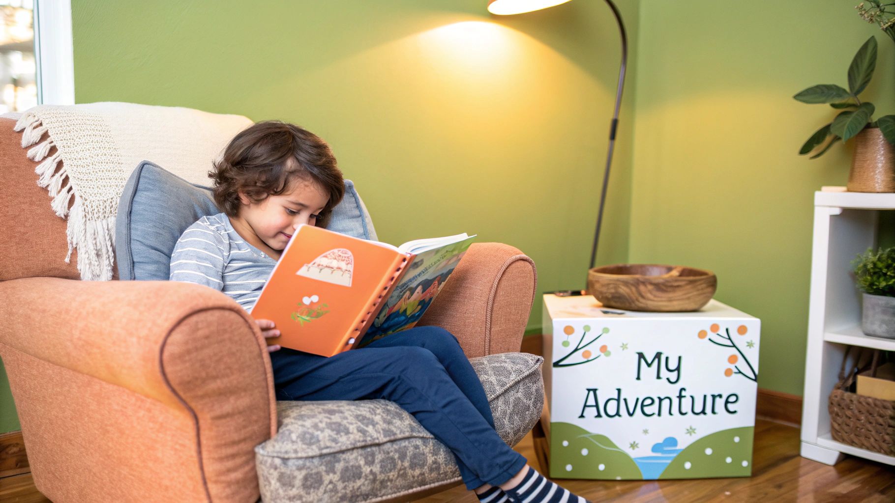A mother reading a personalized story book on a tablet with her young daughter in bed.