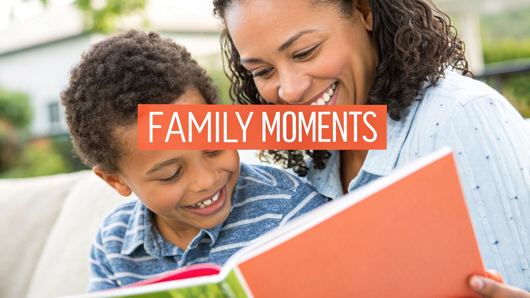 A mother and child happily using a tablet together to create a personalized story.