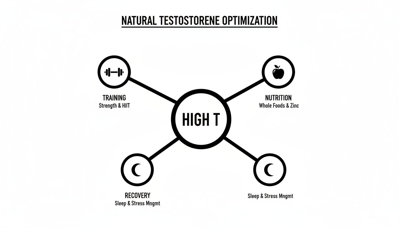 Diagram illustrating natural testosterone optimization with key pillars: training, nutrition, recovery, and stress management.