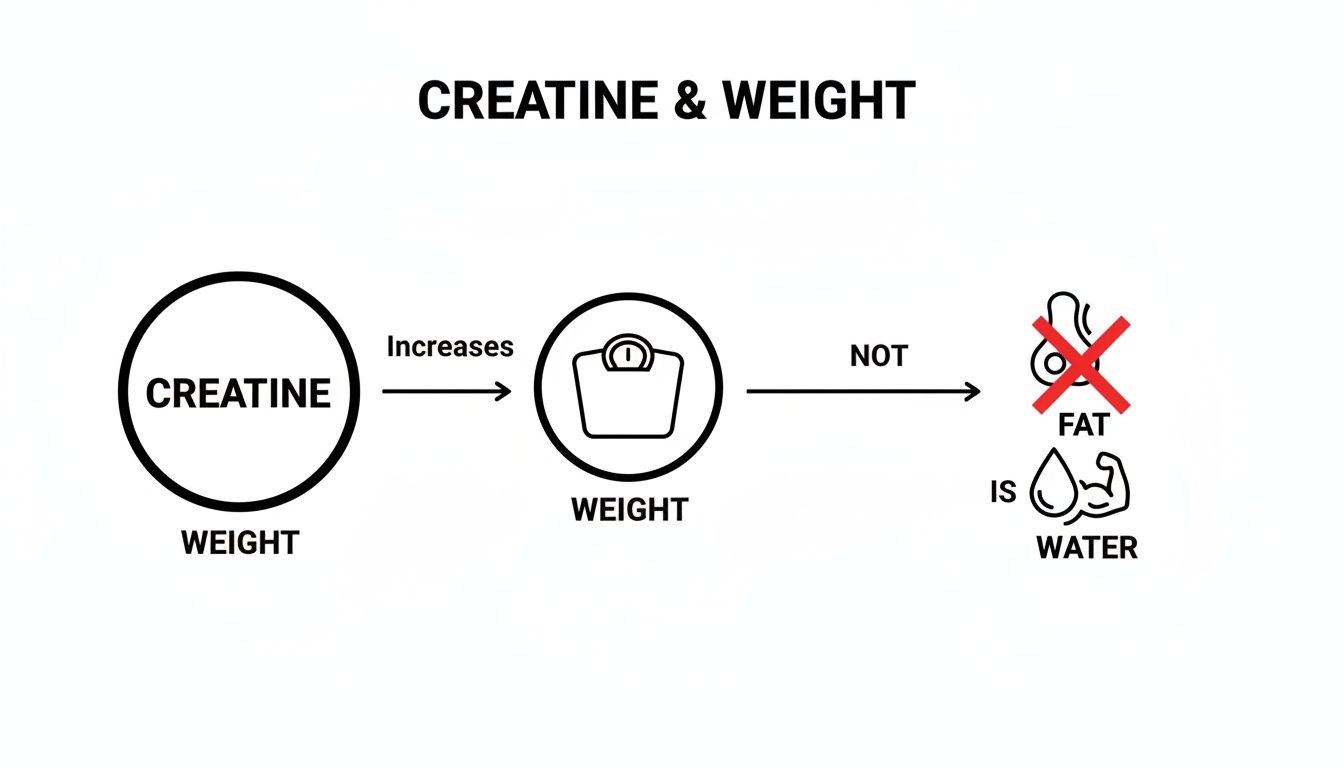 Diagram illustrating how creatine increases weight, which is water retention in muscles, not fat.
