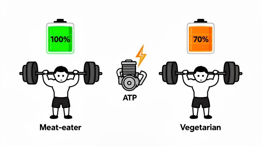 An illustration comparing a meat-eater (100% battery) and a vegetarian (70% battery) weightlifter, referencing ATP.