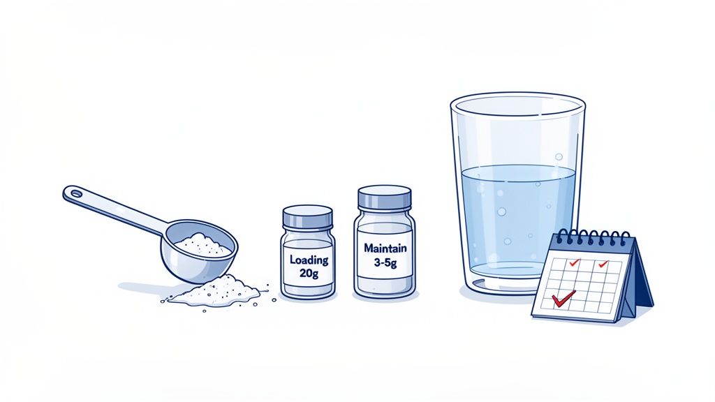Illustration showing creatine dosage: a scoop of powder, jars for loading (20g) and maintenance (3-5g), water, and a calendar.