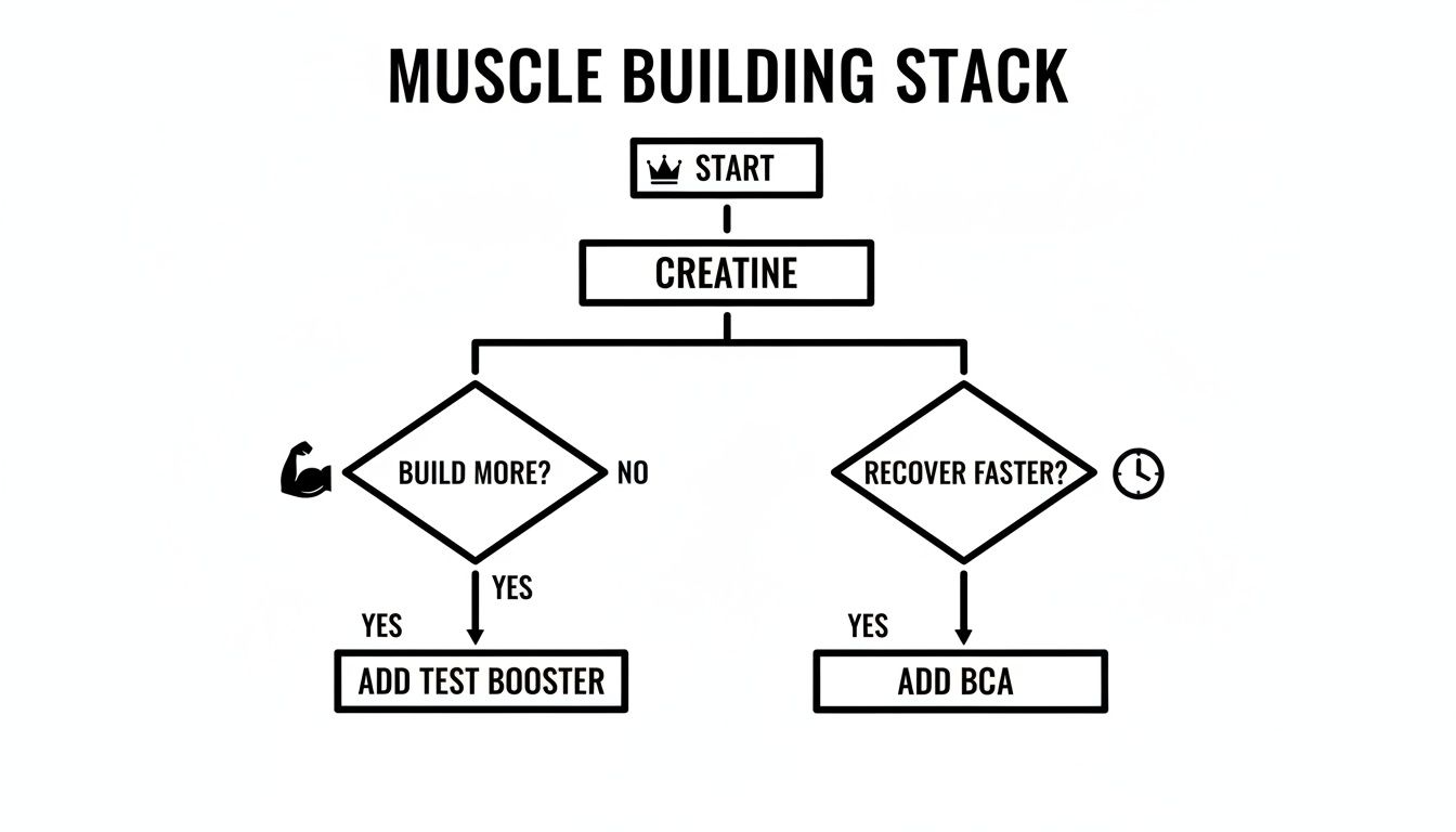 Flowchart illustrating a muscle building stack: start with creatine, add test booster for growth, or BCA for recovery.