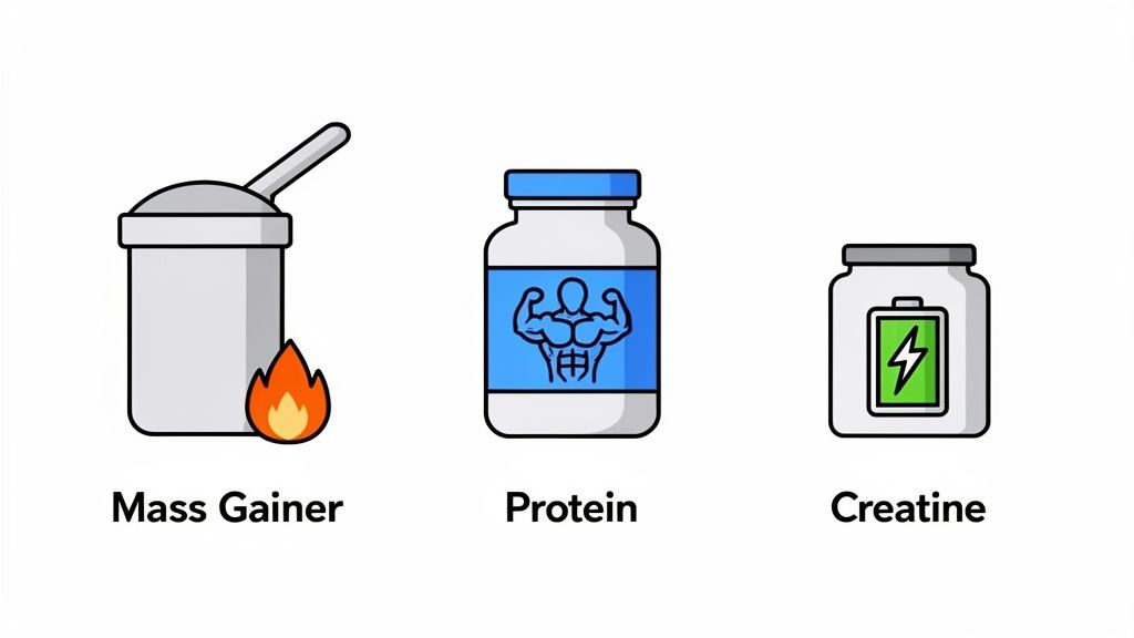 Three containers of fitness supplements: a mass gainer, a protein jar, and a creatine tub.