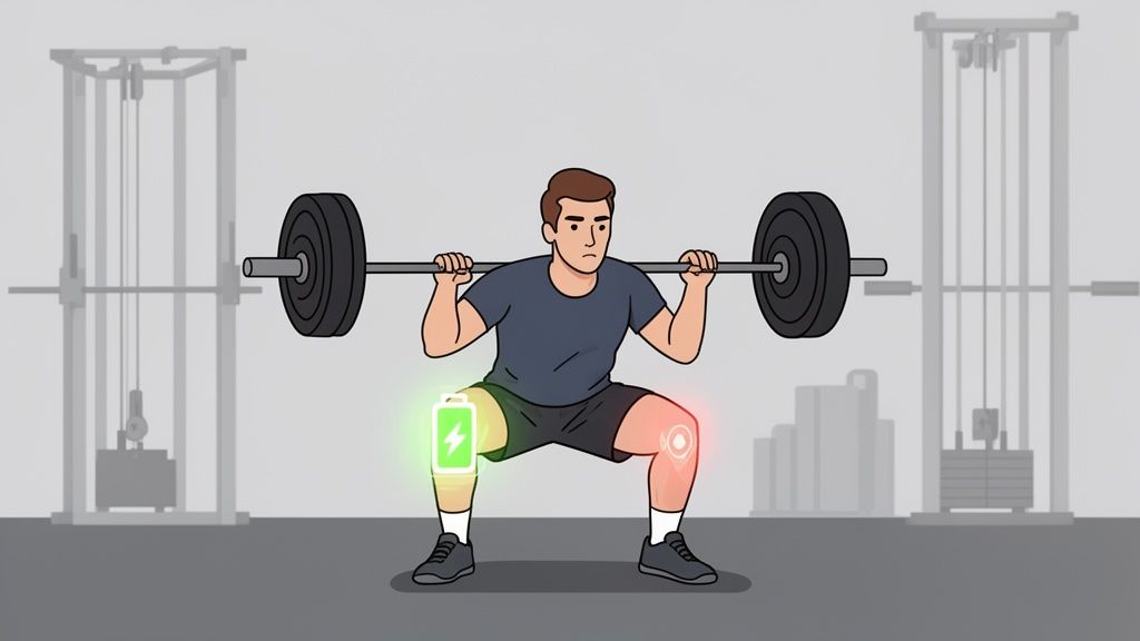 Animated man squatting with a barbell in a gym; one knee shows a green battery, the other a red pain indicator.