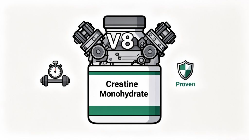 Creatine Monohydrate supplement jar with V8 engine, stopwatch on dumbbell, and 'Proven' shield.