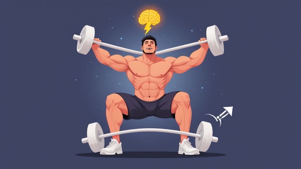 A muscular athlete lifting a heavy barbell in a gym setting