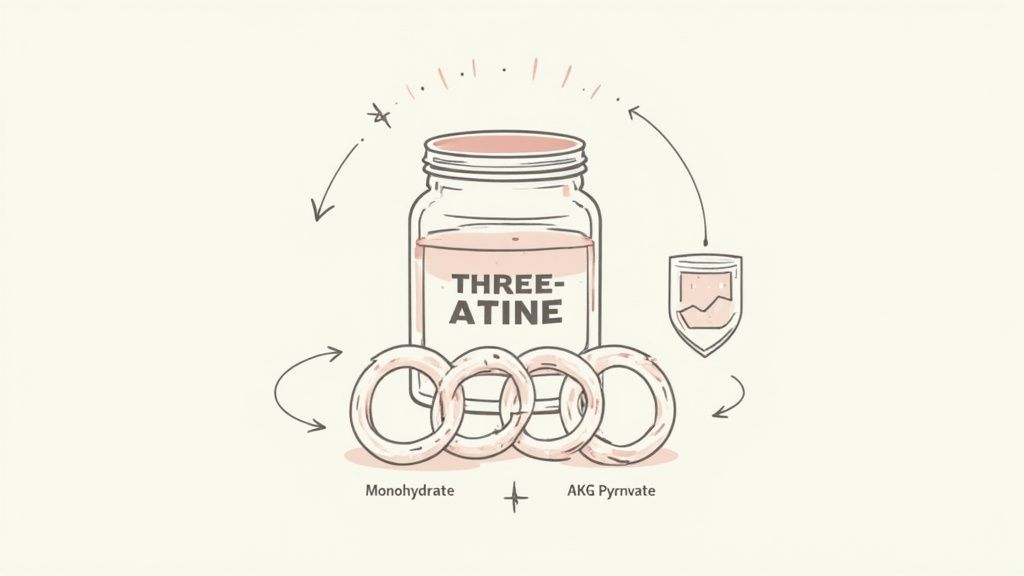 A sleek product shot of Crazy Muscle's Three-Atine creatine supplement.