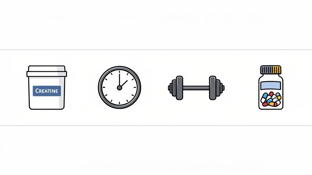 A row of four fitness icons: creatine tub, clock, dumbbell, and a pill bottle.
