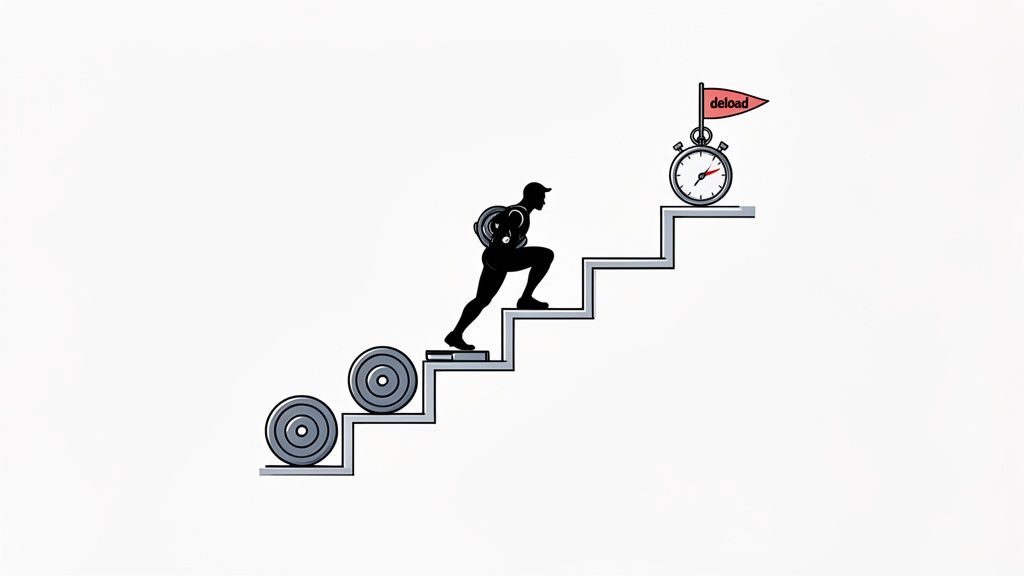 Illustration of a person climbing stairs with weights, approaching a stopwatch and a 'deload' flag.