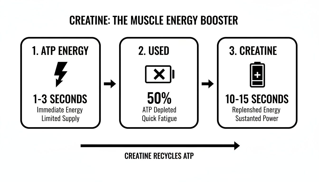 Diagram showing how creatine boosts muscle energy by recycling ATP for sustained power.