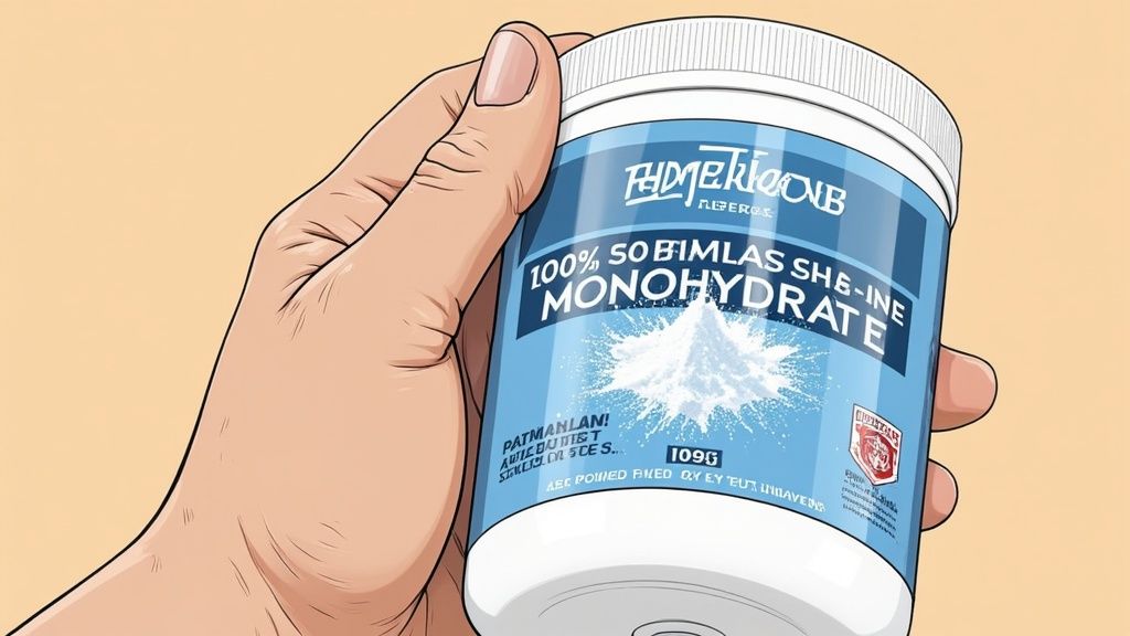 A scoop of creatine powder being held up, ready to be mixed.