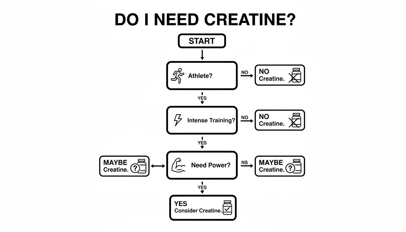 A decision flowchart titled "Do I Need Creatine?", assessing athletic status, training intensity, and power needs to guide supplementation.