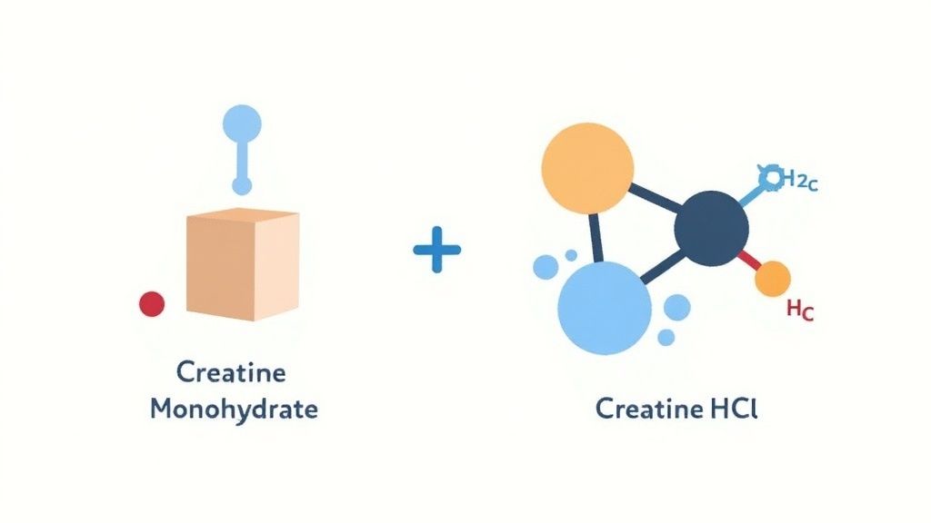 Visual comparison diagram showing creatine monohydrate structure converting to creatine HCl molecular compound
