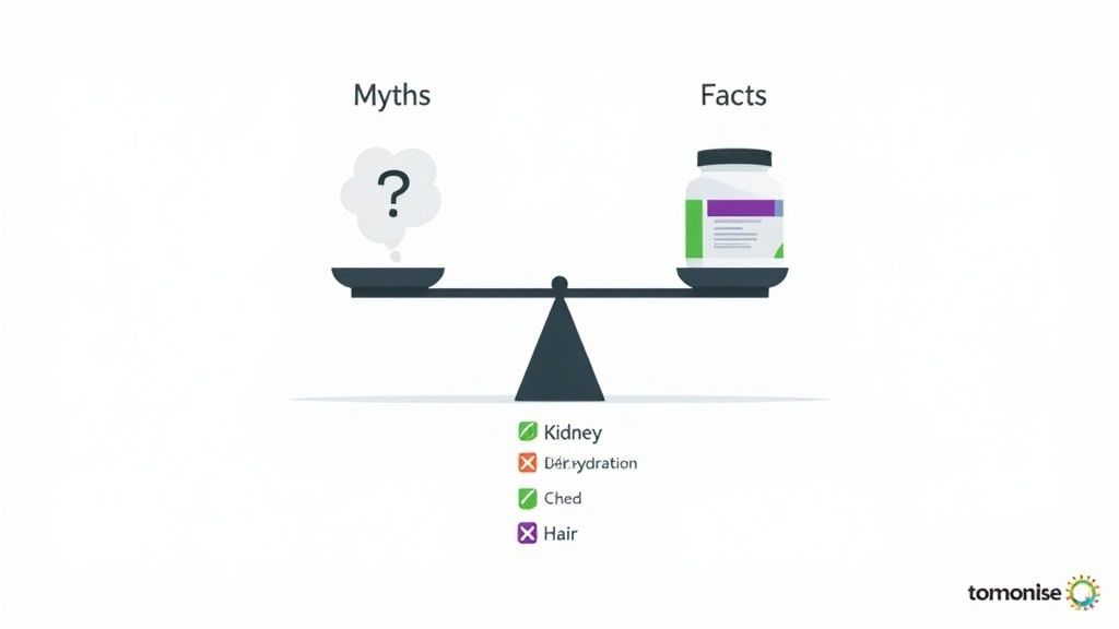 An illustration showing a balance scale, contrasting myths with facts about supplements and their effects.