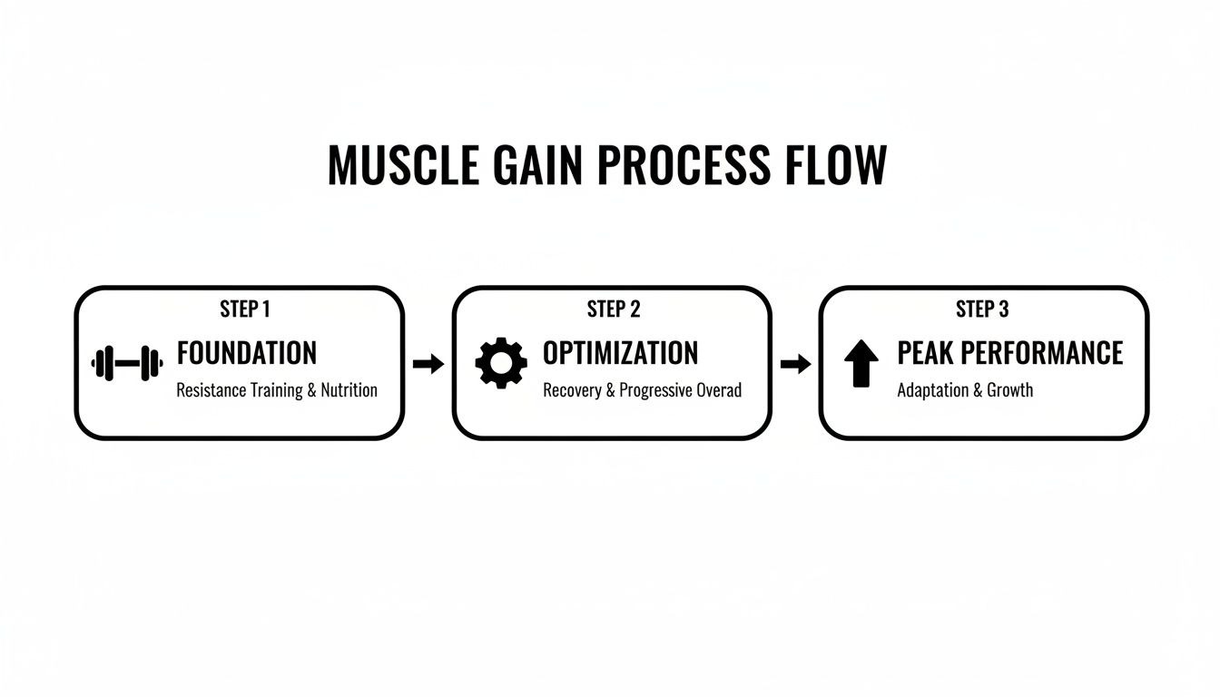 A three-step process flow diagram for muscle gain, showing Foundation, Optimization, and Peak Performance.