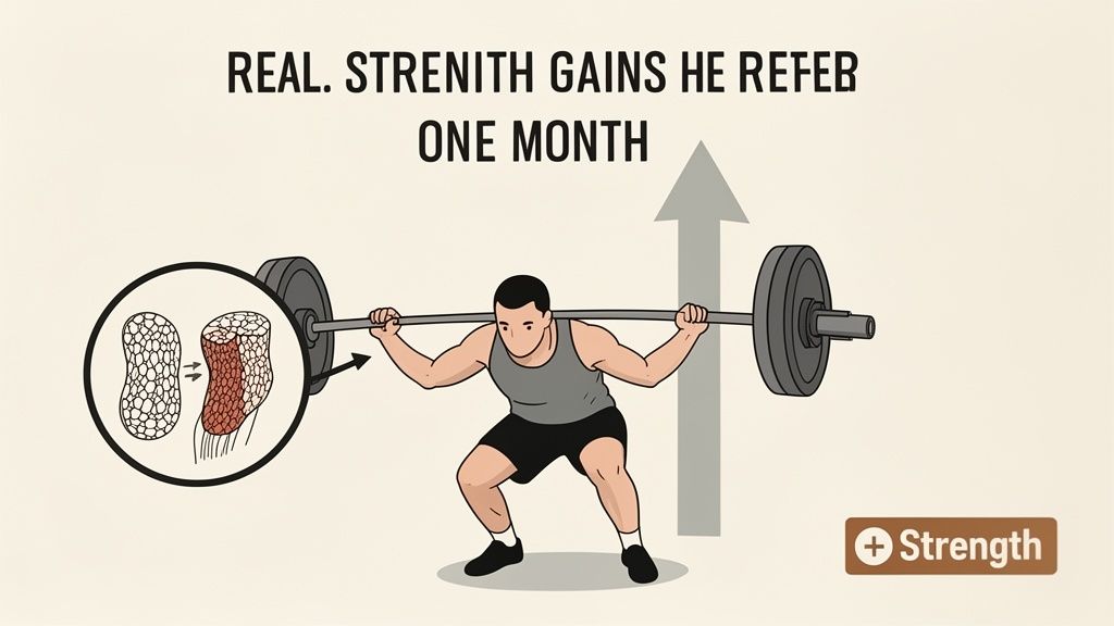 An illustration shows a man squatting with a barbell, signifying real strength and muscle gains over one month.