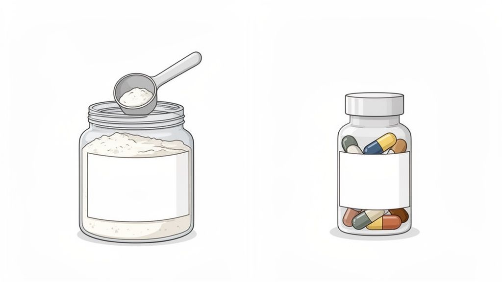 Two types of dietary supplements are displayed: a jar of white powder with a scoop, and a bottle filled with colorful capsules.