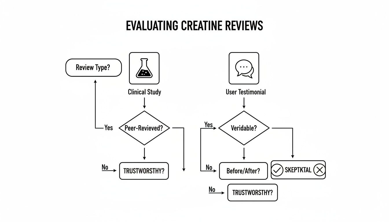 Flowchart evaluating creatine reviews, assessing trustworthiness based on review type and verification.
